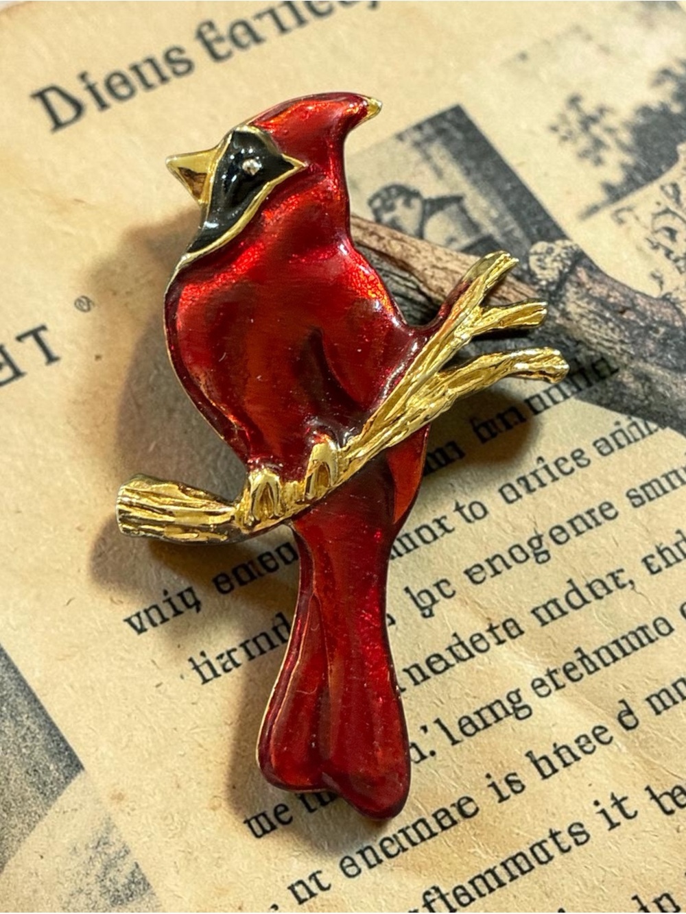 Vintage Red Enamel Cardinal Bird Pin Brooch with Gold-Tone Accents